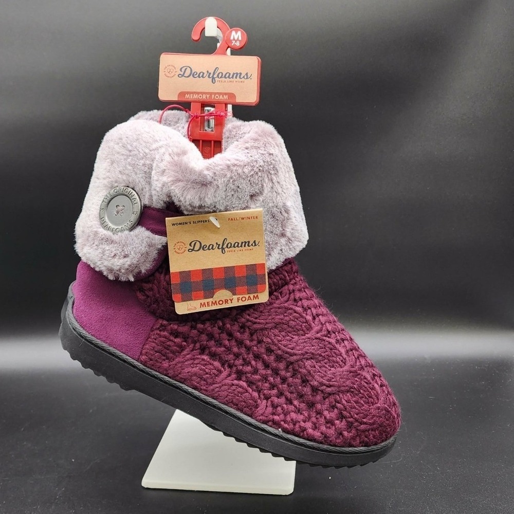 Dearfoams‎ Memory Foam Bootie Burgundy Womens Size M 7-8  Knit Faux Fur Slipper